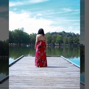 Red Floral Maxi Sexy Dress Slit Straps and crosses